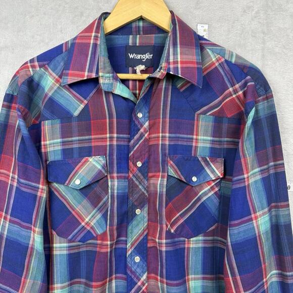 Vintage Wrangler Western Snap Shirt Plaid Pearl Snap Long Sleeve 1990s Men Sz L - Picture 2 of 9